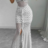 Polka Dot Backless Cami Mesh Maxi Dress