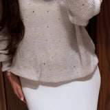 Rhinestone White V Neck Long Sleeve Knit Blouse