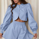 Blue Cotton O-Neck Crop Shorts Office Two Piece Set