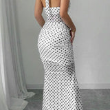 Polka Dot Backless Cami Mesh Maxi Dress