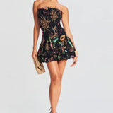 Ruched Elastic Corset Lace Trim Mini Dress