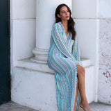 Boho V Neck Bell Sleeve Wavy Striped Crochet Beach Vacation Maxi Dress - Blue