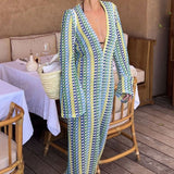 Boho V Neck Bell Sleeve Wavy Striped Crochet Beach Vacation Maxi Dress - Yellow