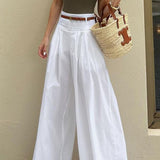 Solid Ruched High-Waisted Wide-Leg Pants