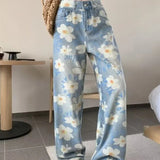 Washed Floral Print Baggy Jeans