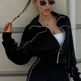 Athletic Velvet Collar Zipper Long Sleeve Two Piece Set