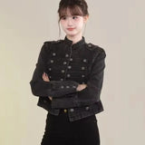 Cropped Denim Military Jacket