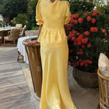 Solid Casual V-Neck Ruffle Short Sleeve Skirt Set