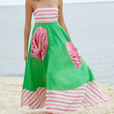Floral Print Paneled Striped Suspender Mixi Dress