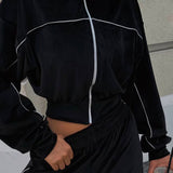 Athletic Velvet Collar Zipper Long Sleeve Two Piece Set