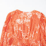 Orange Boho Floral Bishop Sleeve V Neck Tiered Maxi Dress