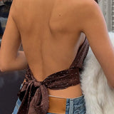 Polka Dot Color Block Backless Halter Crop Top
