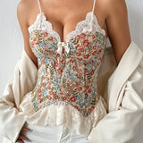 Lace Trim Patchwork Boned Corset Tank Top