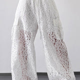 White Lace Cutout Casual Wide Leg Pants