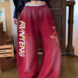 Retro High Waist Drawcord Graphic Sweat Pants