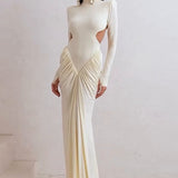 Long-Sleeve Ruched Color-Block Cutout Waist Slim Party Dress