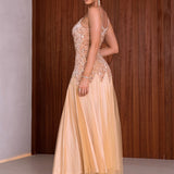 Contrast Sequins Mesh Panel Prom Dress
