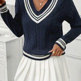 Contrast V-Neck Cable Knit Sweater