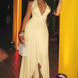 Halter V-Neck Backless Ruched High Slit Party Dress