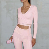 Stylish Solid Tie High-rise Flared Two Piece Set
