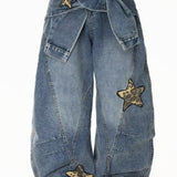 Leopard Print Patchwork Tie Loose Wide Leg Retro Jeans
