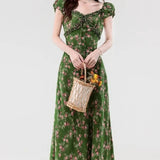 Retro Slim Green V-Neck Floral Dress