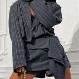 Grey Print Double Breasted Shorts Office Two Piece Set