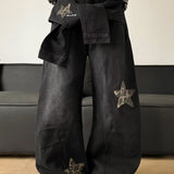 Leopard Print Patchwork Tie Loose Wide Leg Retro Jeans