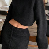 Short Fitted Knit Round Neck Slim Two Piece Set