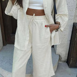 Apricot Cotton Drawstring Trousers Office Two Piece Set