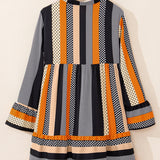 Black Striped Polka Dot Print Ruffled Hem V Neck Mini Dress