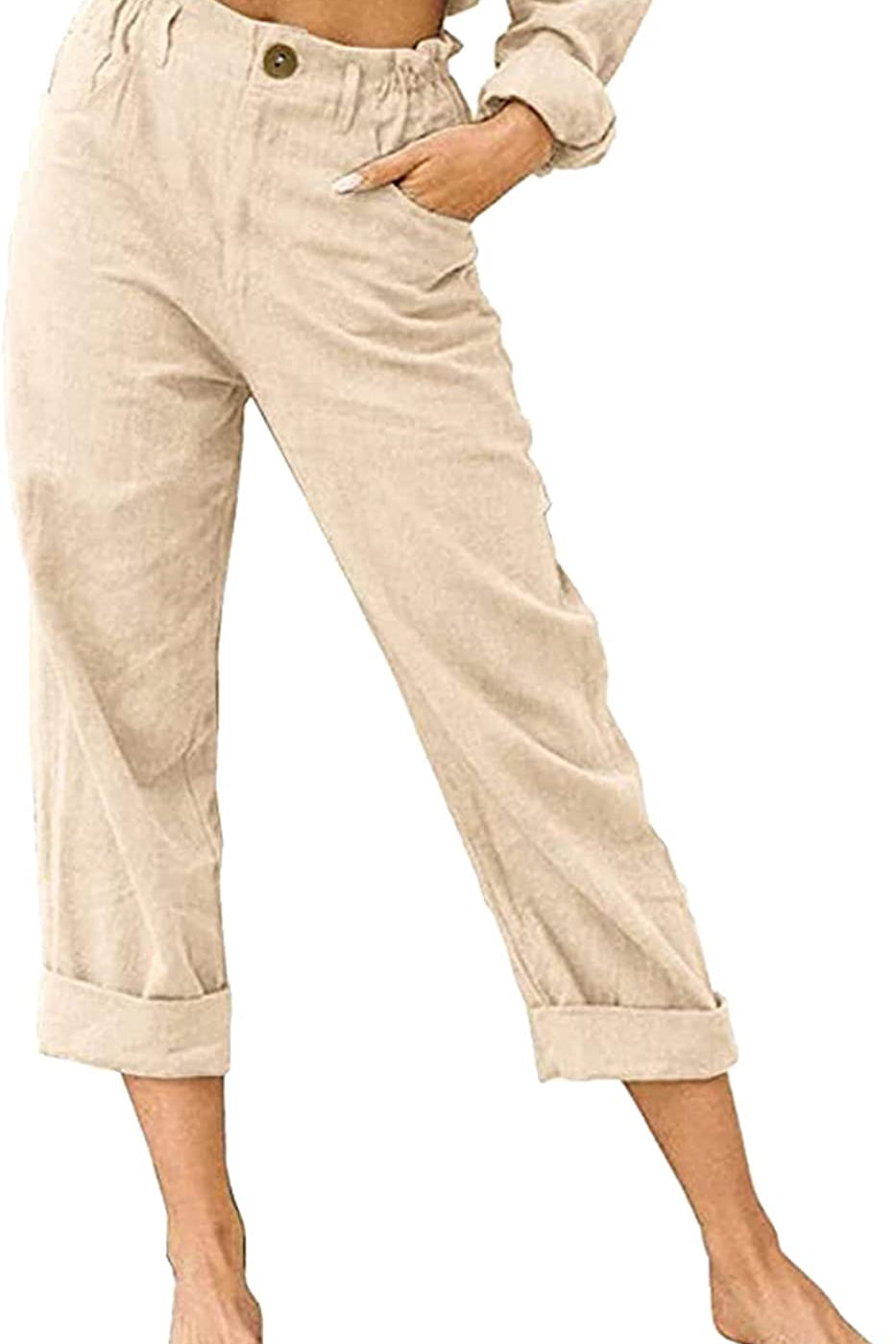 Beach Linen Shorts 3/4 Sweatpants Capri Pants Elastic Waist Cropped Harem Pants