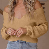 Women's Long Sleeve Wrap Casual Off Shoulder Crop Knitted Pullover Sweater