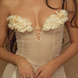 Deep V 3D Floral Sheer Midi Party Dress