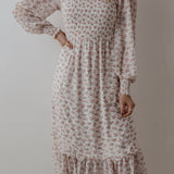 White Floral Print Shirred Ruffled Hem Square Neck Midi Dress