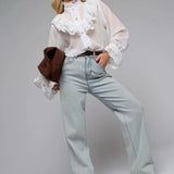 Lace Trim Stand Collar Chiffon Blouse