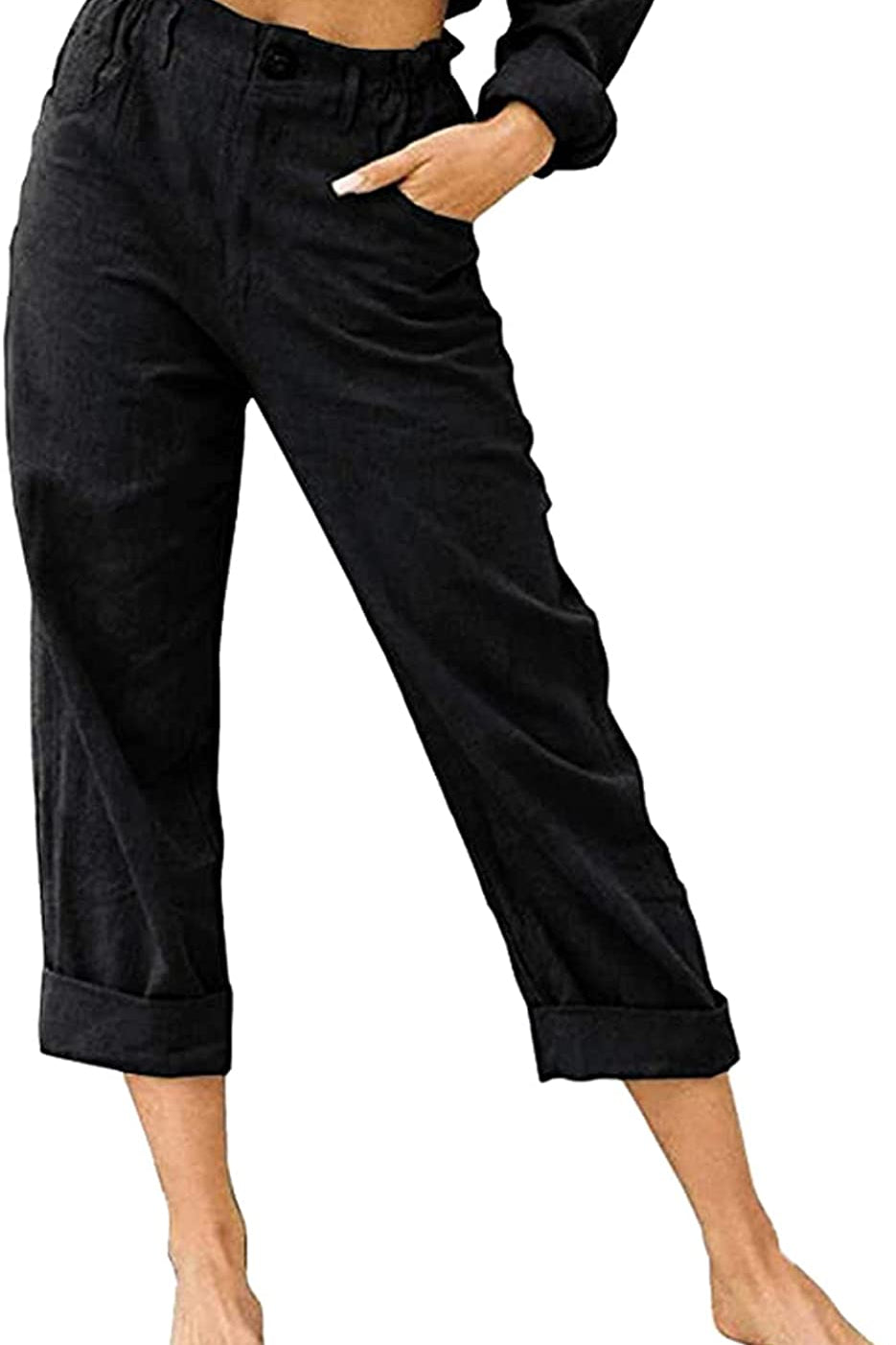 Beach Linen Shorts 3/4 Sweatpants Capri Pants Elastic Waist Cropped Harem Pants