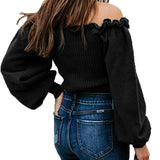 Women's Sweaters Casual Long Lantern Sleeve Square Neck Ruffle Knit Pullovers Tops