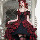 Japanese Gothic Style Red Black Halloween Off-Shoulder Court Wave Autumn Dark High-Waist Lolita Party Dress