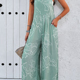 Printed Wide Strap Jumpsuit with Pockets