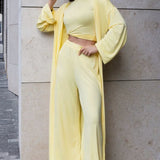 Solid Knit Flowly Long Sleeve Robe Three Piece Set
