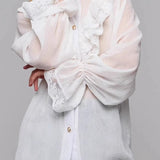 Lace Trim Stand Collar Chiffon Blouse