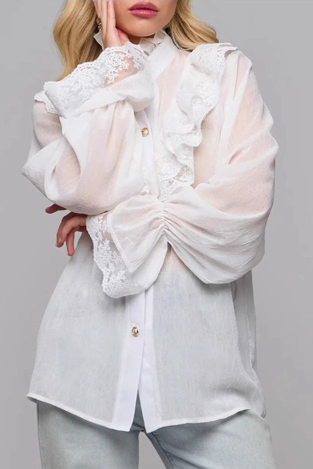 Lace Trim Stand Collar Chiffon Blouse