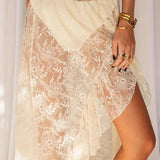 Lace Insert High Waist Slit Asymmetrical Midi Skirt