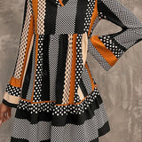 Black Striped Polka Dot Print Ruffled Hem V Neck Mini Dress