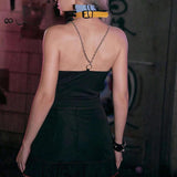 Mysterious Sexy Chain Black Cross Print Black Crop Top