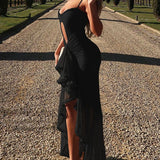 Lace Cutout Mesh Spaghetti Strap Asymmetrical Party Dress