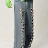 Metal Hole Hollow Out Straight Jeans