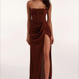High-End Strapless Backless Ruched Slit Party Dress