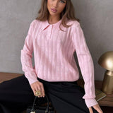 Jacquard Polo Collar Long Sleeve Loose Blouse